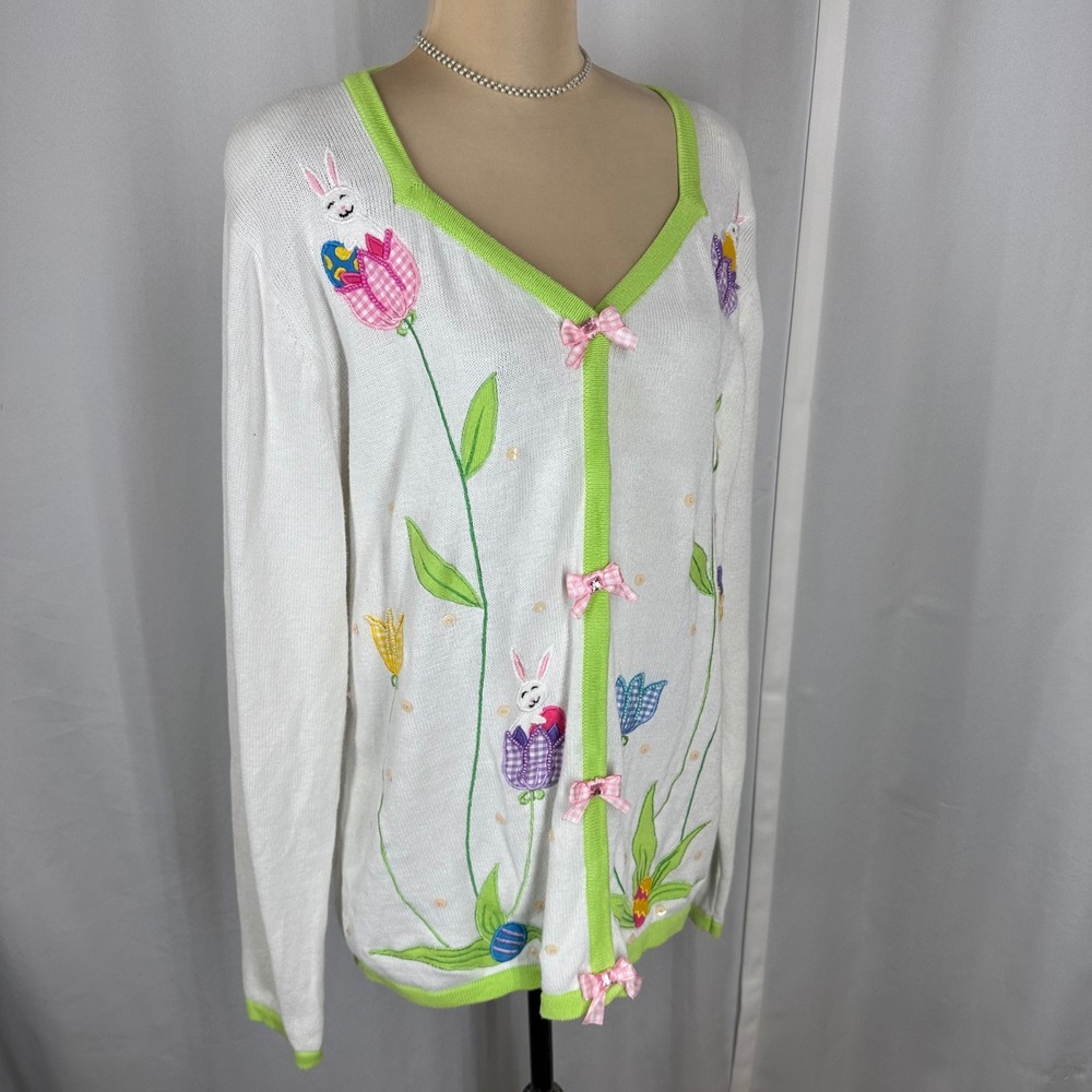 Vintage 90s Bobbie Bell Easter Bunny Tulip Cardigan Sweater Ramie Cotton XL